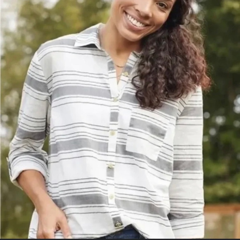 Matilda Jane Clothing, white and gray striped button down shirt, size small